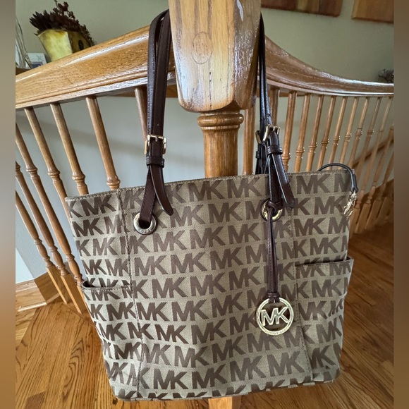 Michael Kors Brown and Tan Monogram Tote - Picture 1 of 12